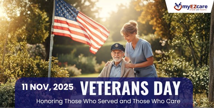 A Tribute to The Vaterens Day an Old Vateren is sitting on a chair and a caregiver is standing besides him